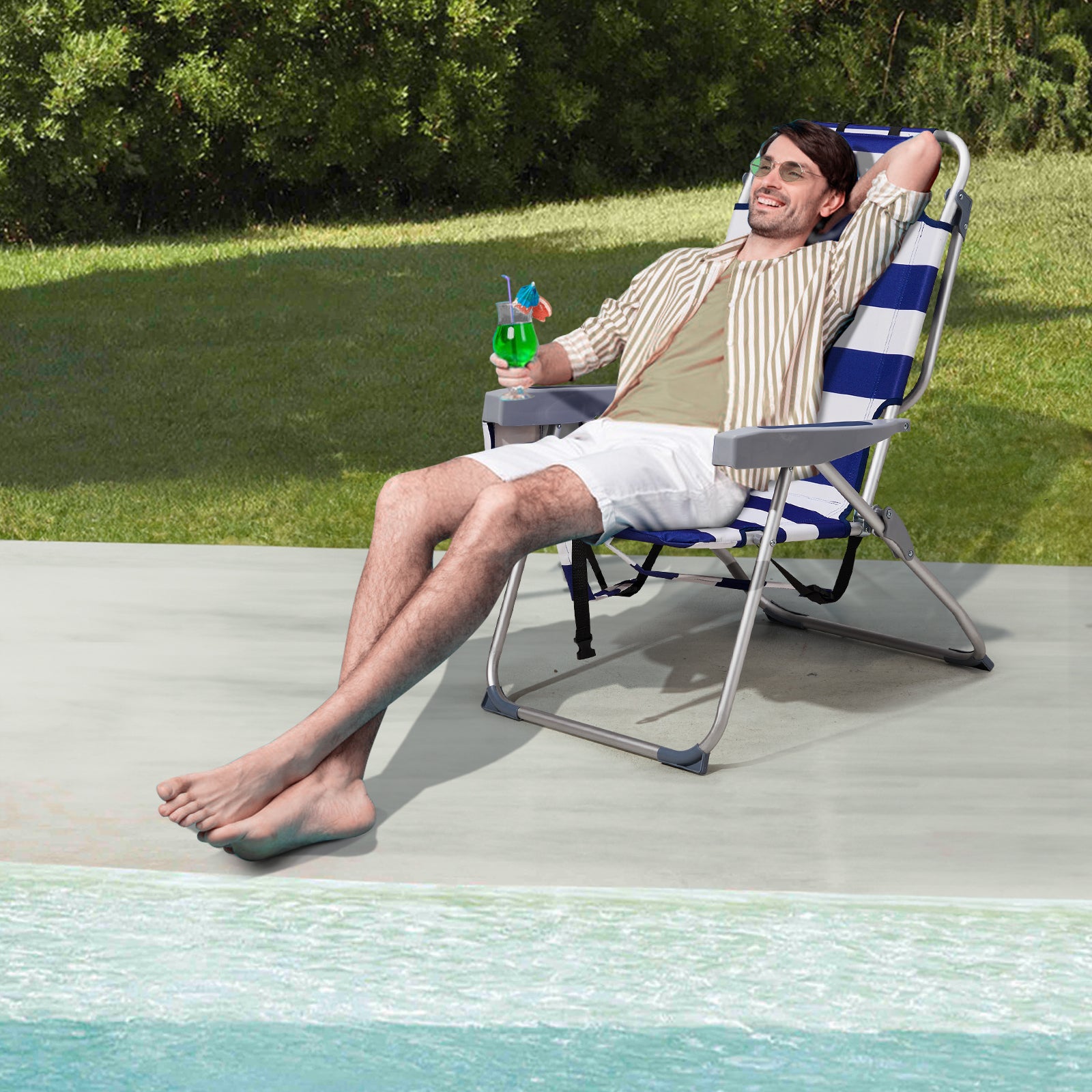 HAOYYE Lightweight Folding Beach Chair, Heightened Design With Durable Oxford Fabric And Sturdy Aluminum Frame, Comfortable Portable Outdoor Lounge Chair, Blue Stripes