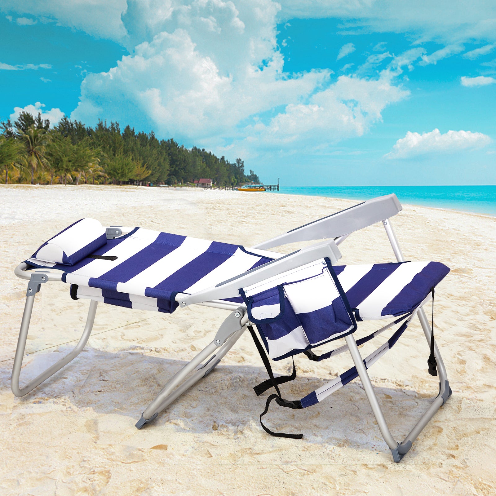 HAOYYE Lightweight Folding Beach Chair, Heightened Design With Durable Oxford Fabric And Sturdy Aluminum Frame, Comfortable Portable Outdoor Lounge Chair, Blue Stripes