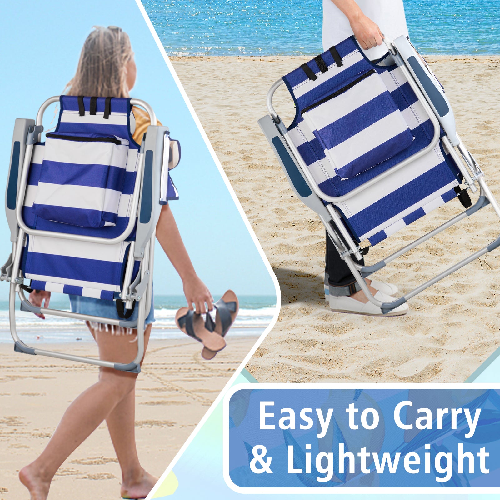 HAOYYE Lightweight Folding Beach Chair, Heightened Design With Durable Oxford Fabric And Sturdy Aluminum Frame, Comfortable Portable Outdoor Lounge Chair, Blue Stripes