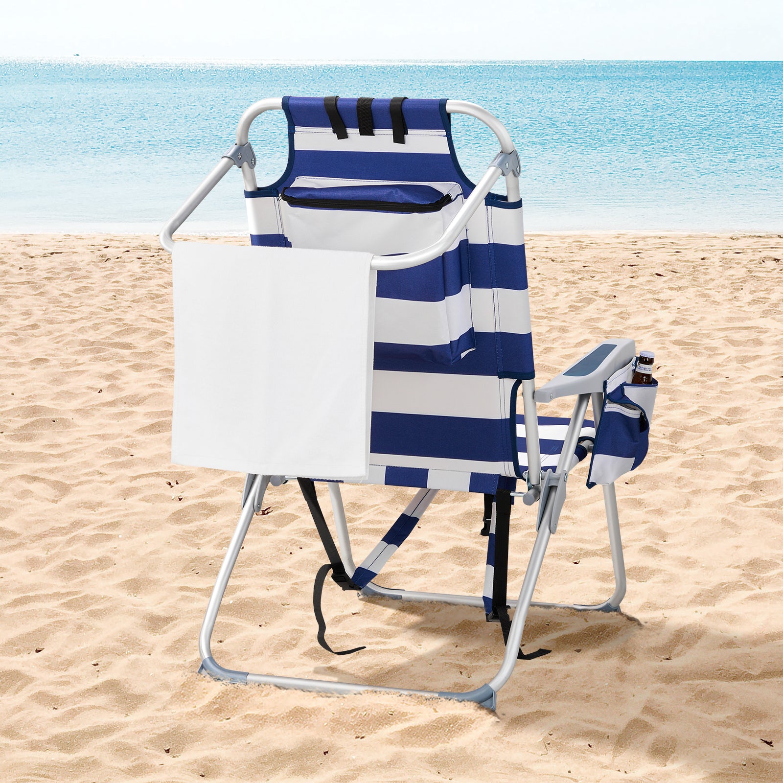 HAOYYE Lightweight Folding Beach Chair, Heightened Design With Durable Oxford Fabric And Sturdy Aluminum Frame, Comfortable Portable Outdoor Lounge Chair, Blue Stripes