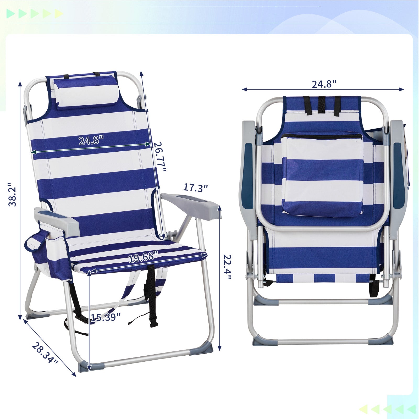 HAOYYE Lightweight Folding Beach Chair, Heightened Design With Durable Oxford Fabric And Sturdy Aluminum Frame, Comfortable Portable Outdoor Lounge Chair, Blue Stripes