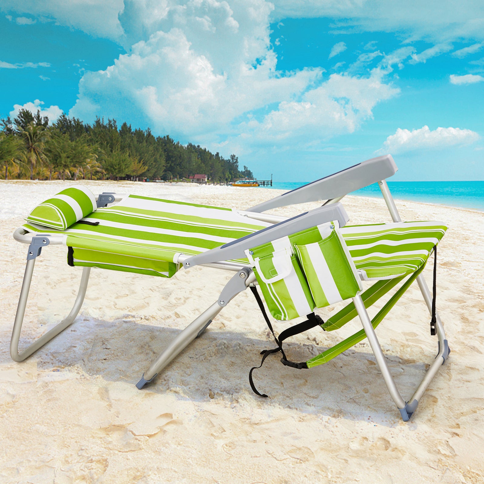 HAOYYE Lightweight Folding Beach Chair, Heightened Oxford Cloth With Sturdy Aluminum Frame, Comfortable Portable Outdoor Lounge Chair, Green Stripes