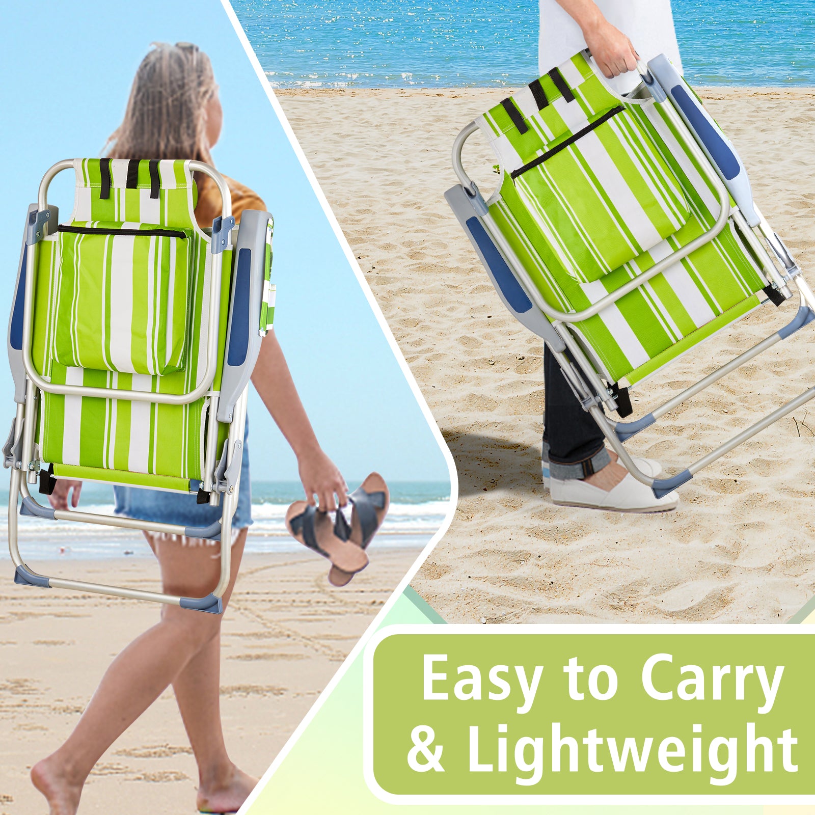 HAOYYE Lightweight Folding Beach Chair, Heightened Oxford Cloth With Sturdy Aluminum Frame, Comfortable Portable Outdoor Lounge Chair, Green Stripes