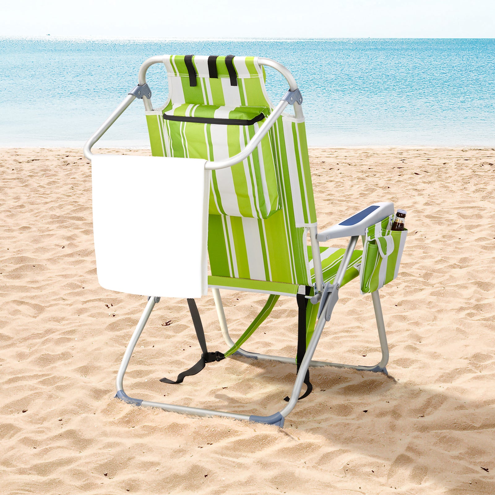 HAOYYE Lightweight Folding Beach Chair, Heightened Oxford Cloth With Sturdy Aluminum Frame, Comfortable Portable Outdoor Lounge Chair, Green Stripes