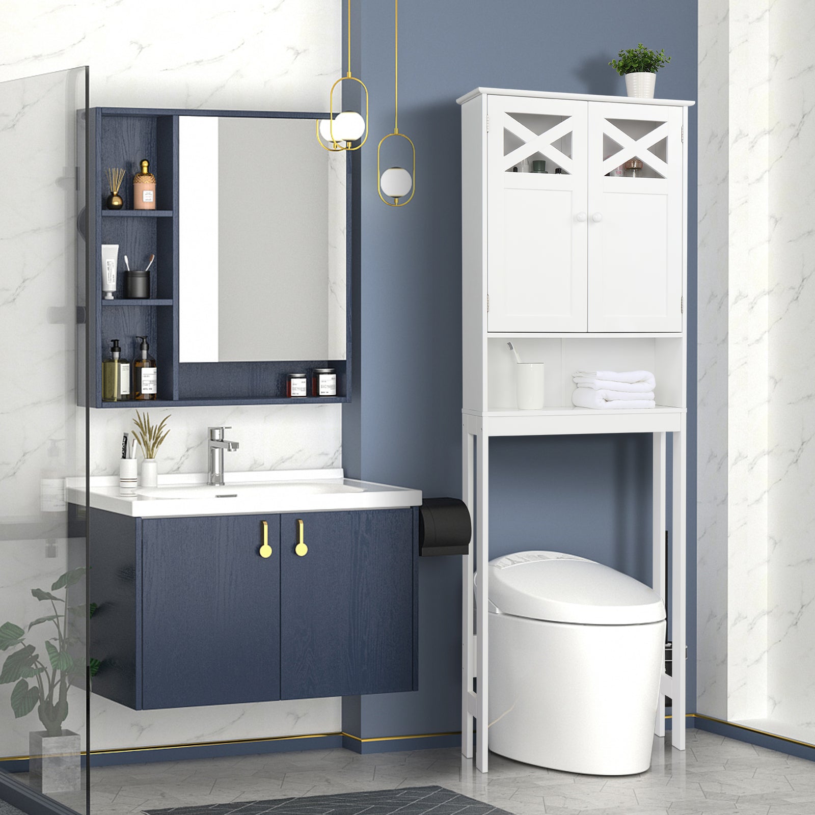 HAOYYE Double Door Fork Toilet Cabinet White, Bathroom Storage Organizer with Spacious Shelves and Durable Construction, Stylish Space-Saving Design for Efficient Bathroom Organization and Easy Access