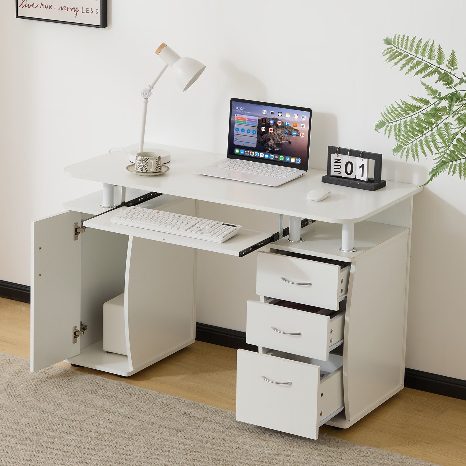 HAOYYE Embossed White Computer Desk, One-Door Three-Drawer Design, Durable Particle Board With Melamine Laminate