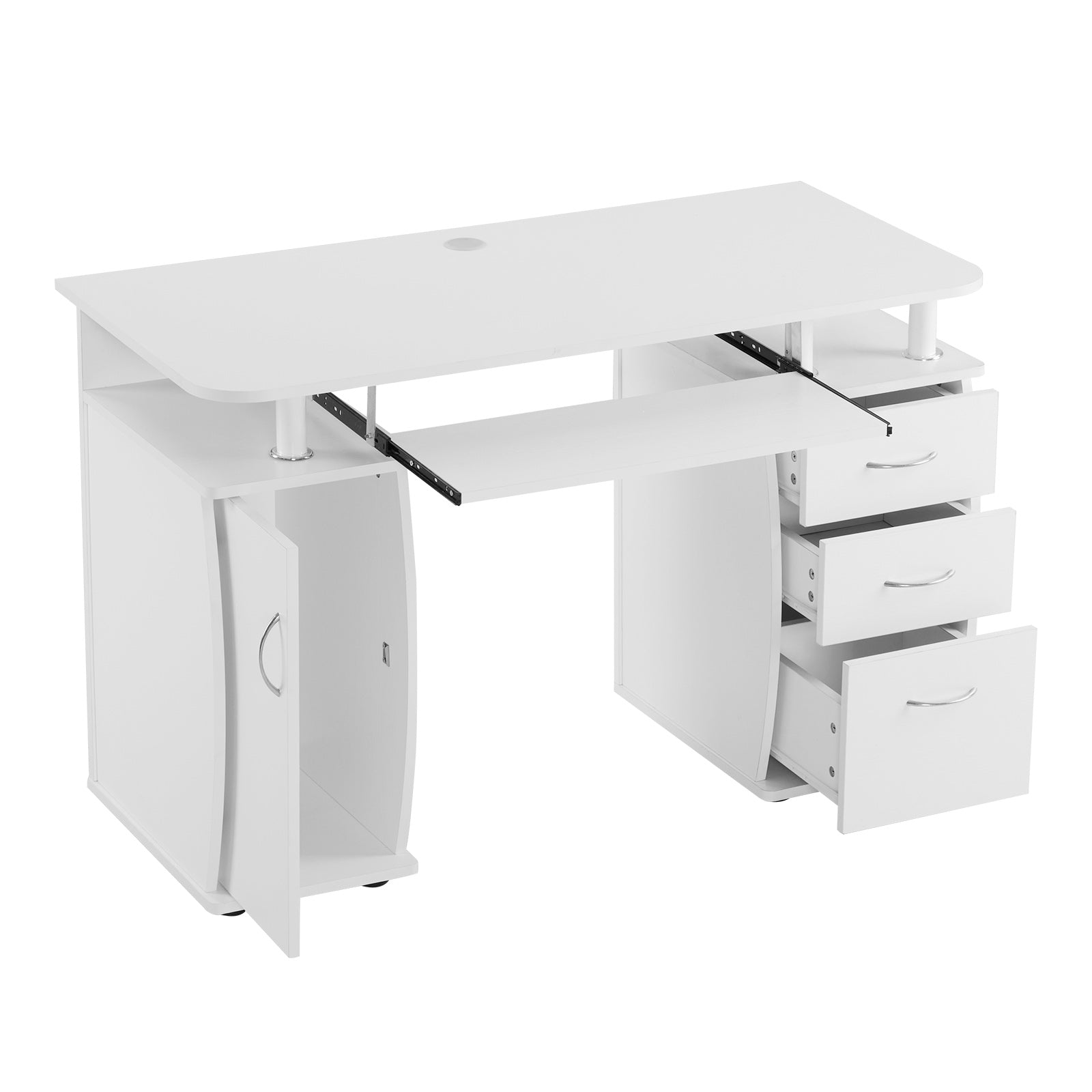 HAOYYE Embossed White Computer Desk, One-Door Three-Drawer Design, Durable Particle Board With Melamine Laminate