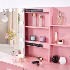 HAOYYE Pink Textured Particle Board with Melamine Laminate Five-Drawer Two-Shelf Sliding Door Mirror Cabinet Dressing Table Set with Three-Color Dimmable Bulb