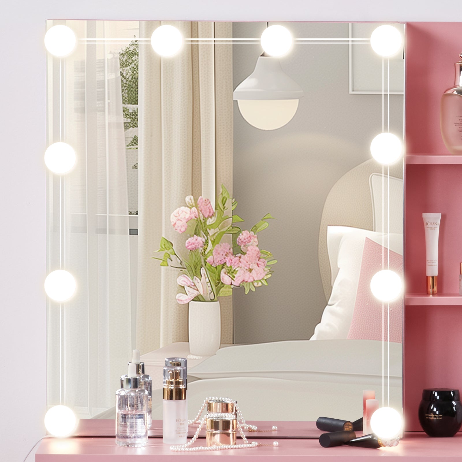 HAOYYE Pink Textured Particle Board with Melamine Laminate Five-Drawer Two-Shelf Sliding Door Mirror Cabinet Dressing Table Set with Three-Color Dimmable Bulb