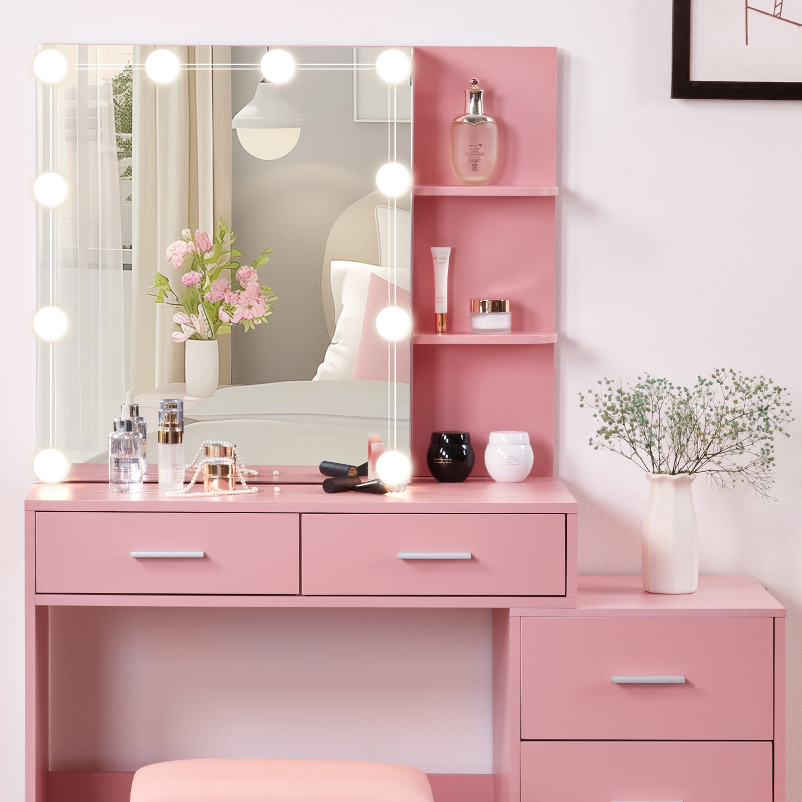 HAOYYE Pink Textured Particle Board with Melamine Laminate Five-Drawer Two-Shelf Sliding Door Mirror Cabinet Dressing Table Set with Three-Color Dimmable Bulb