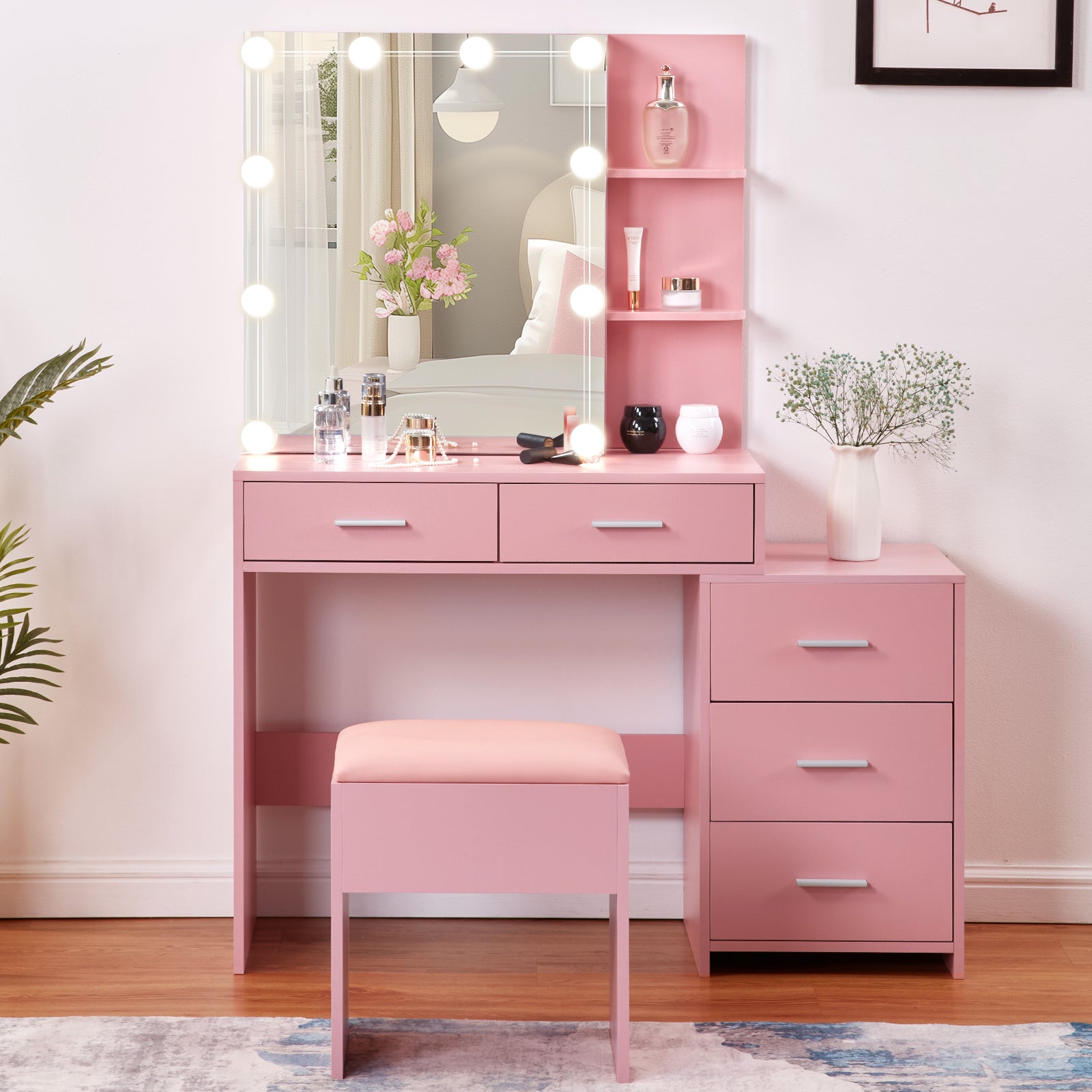 HAOYYE Pink Textured Particle Board with Melamine Laminate Five-Drawer Two-Shelf Sliding Door Mirror Cabinet Dressing Table Set with Three-Color Dimmable Bulb