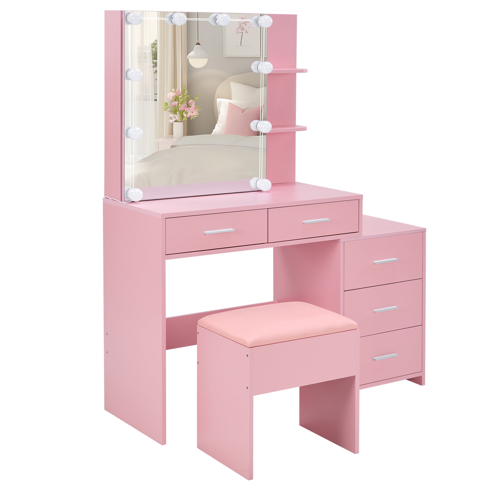 HAOYYE Pink Textured Particle Board with Melamine Laminate Five-Drawer Two-Shelf Sliding Door Mirror Cabinet Dressing Table Set with Three-Color Dimmable Bulb