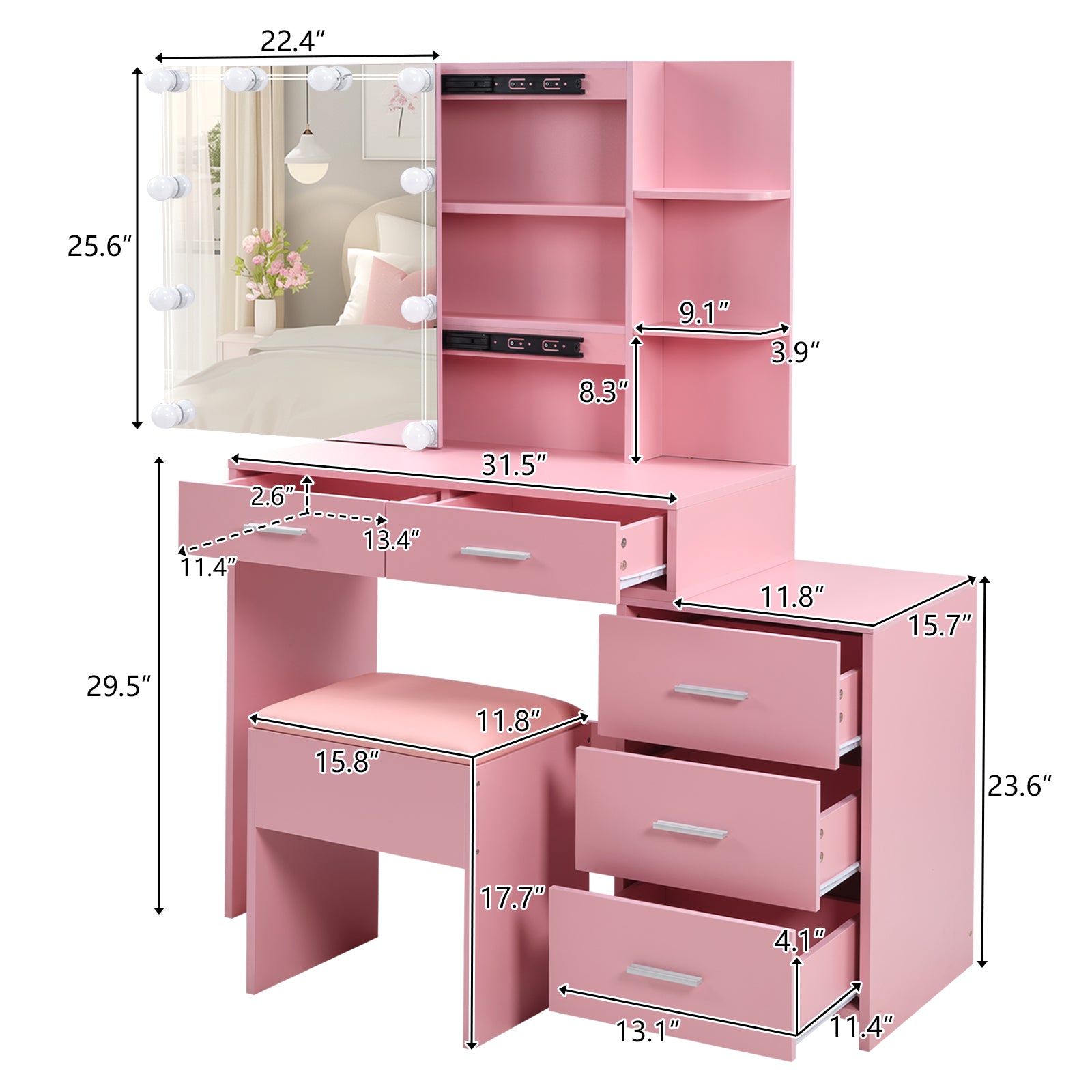 HAOYYE Pink Textured Particle Board with Melamine Laminate Five-Drawer Two-Shelf Sliding Door Mirror Cabinet Dressing Table Set with Three-Color Dimmable Bulb