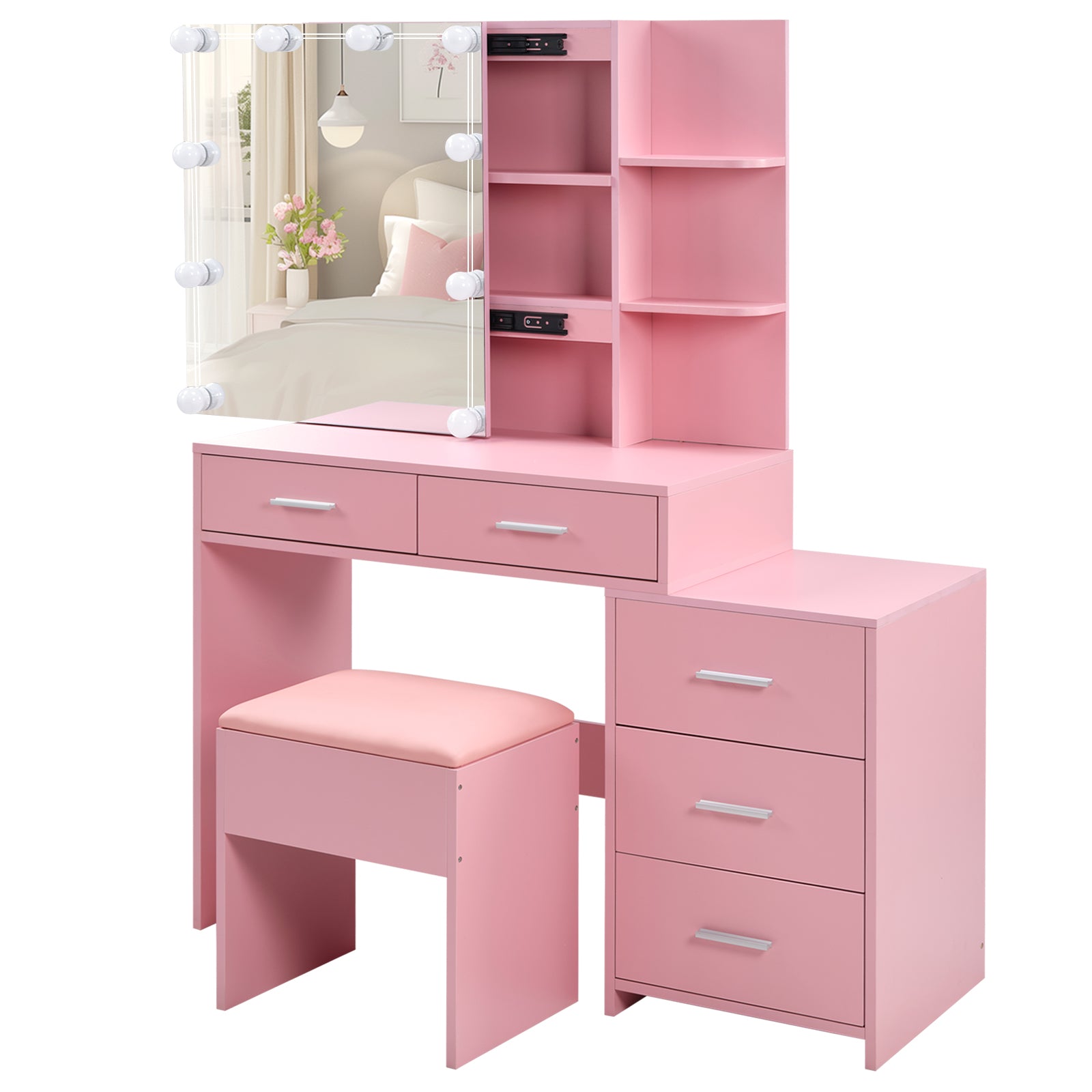 HAOYYE Pink Textured Particle Board with Melamine Laminate Five-Drawer Two-Shelf Sliding Door Mirror Cabinet Dressing Table Set with Three-Color Dimmable Bulb