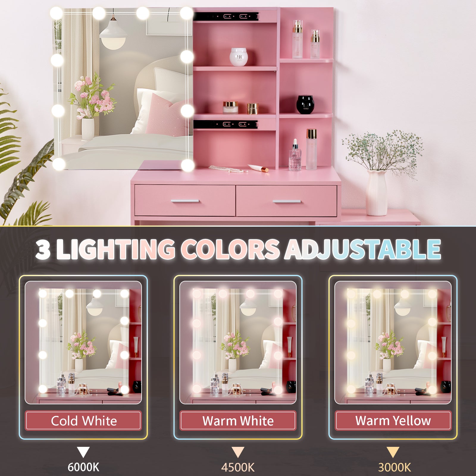HAOYYE Pink Textured Particle Board with Melamine Laminate Five-Drawer Two-Shelf Sliding Door Mirror Cabinet Dressing Table Set with Three-Color Dimmable Bulb