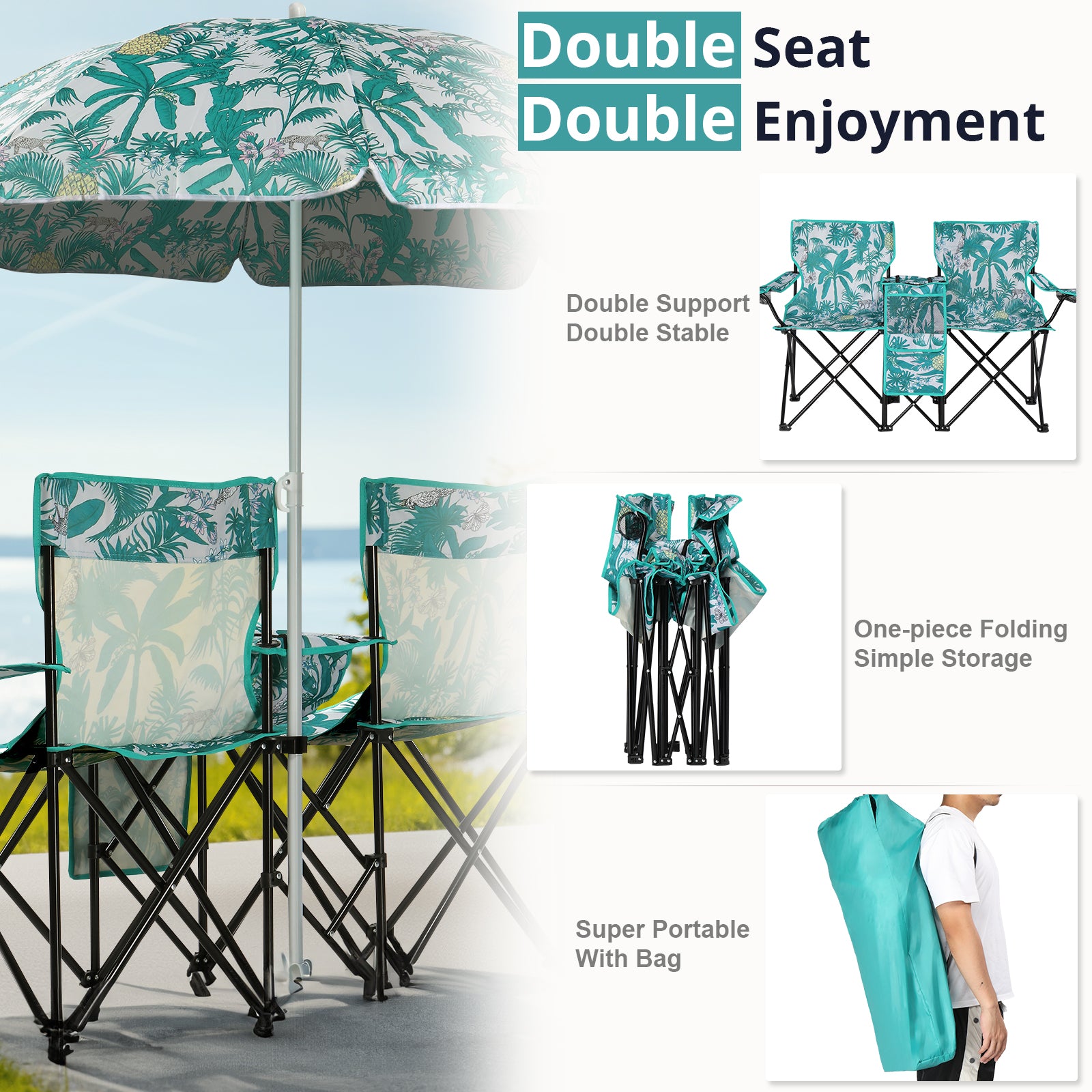 Haoyye Portable 2-Seat Folding Chair With Removable Sun Umbrella And Built-In Cup Holders – A Sturdy, Lightweight Outdoor Camping Bench For Beach, Picnic, Patio And Outdoor Adventures