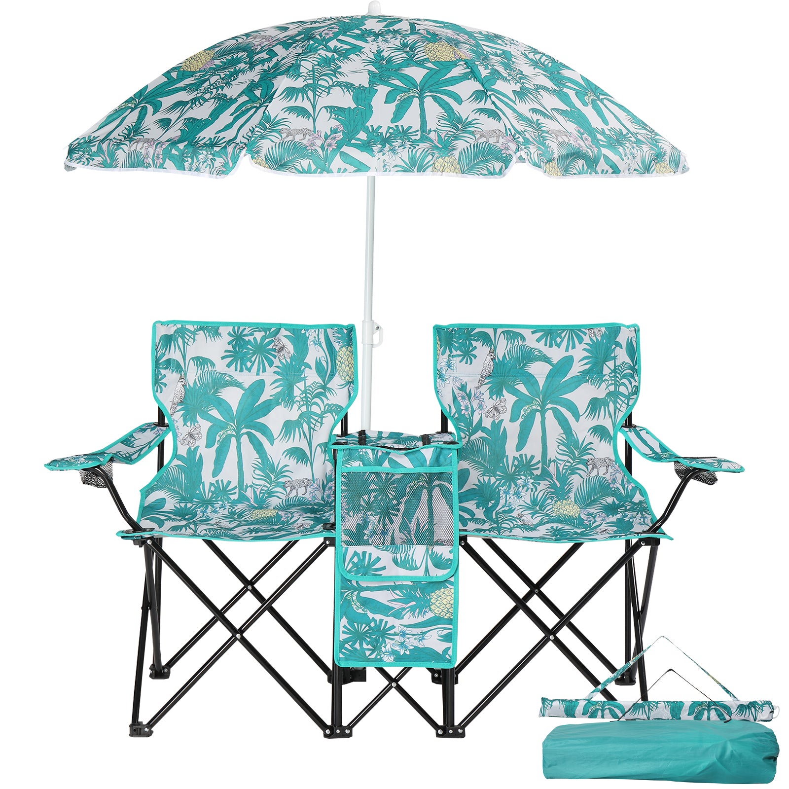 Haoyye Portable 2-Seat Folding Chair With Removable Sun Umbrella And Built-In Cup Holders – A Sturdy, Lightweight Outdoor Camping Bench For Beach, Picnic, Patio And Outdoor Adventures