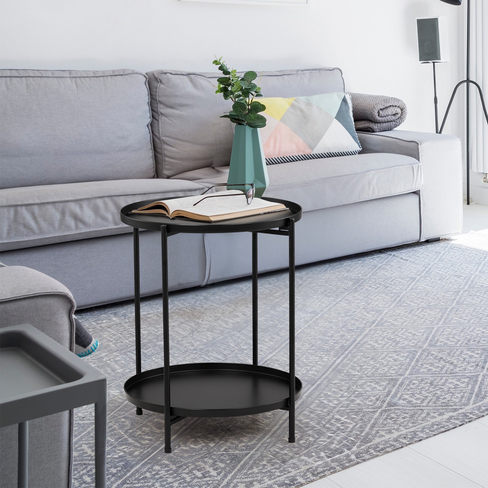 HAOYYE 2-Tier Metal Patio Side Table with Removable Trays Weather-Resistant Round Small Coffee Table for Garden Balcony Indoor Outdoor Use