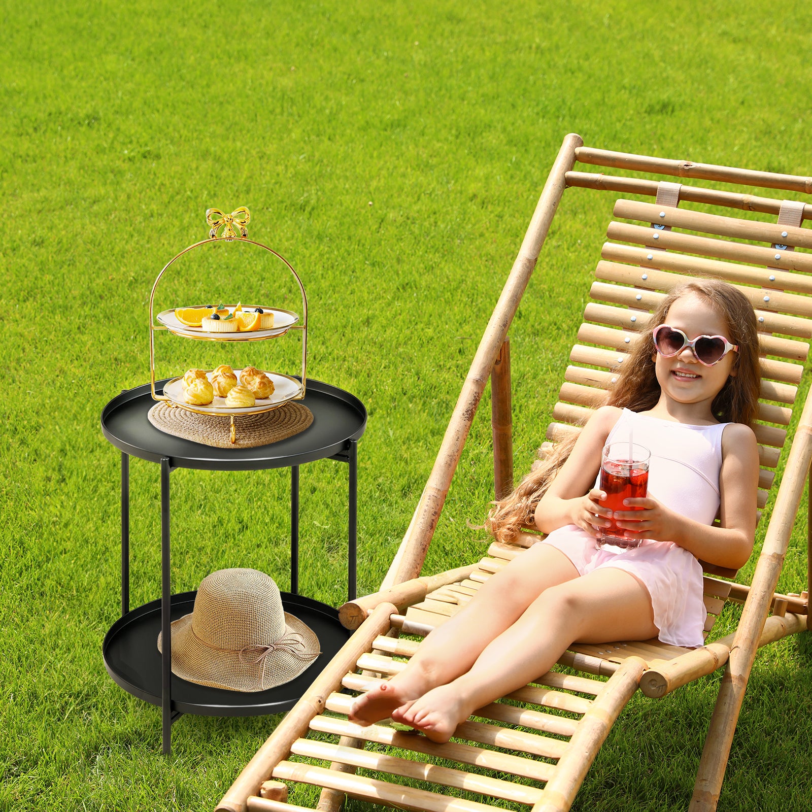 HAOYYE 2-Tier Metal Patio Side Table with Removable Trays Weather-Resistant Round Small Coffee Table for Garden Balcony Indoor Outdoor Use