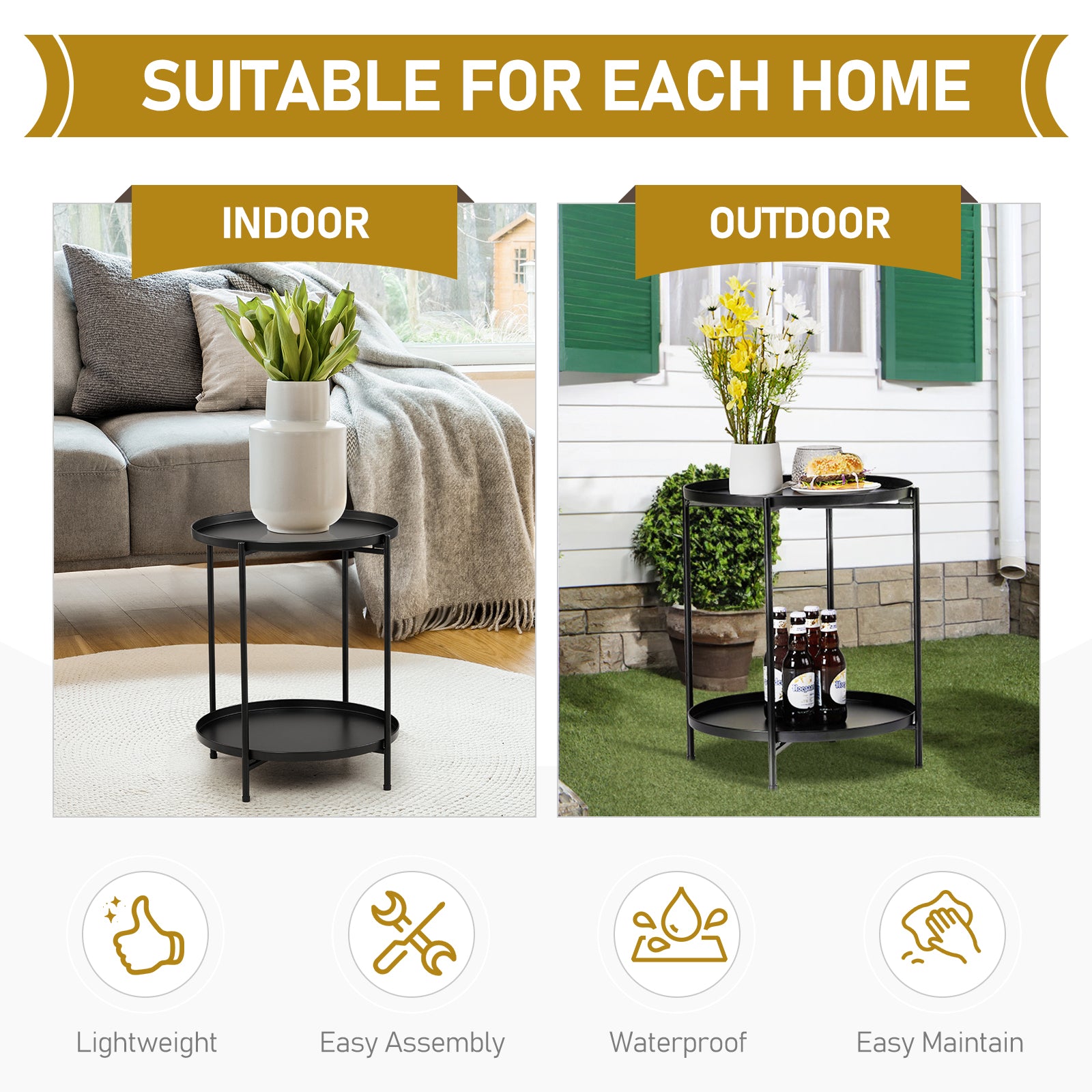 HAOYYE 2-Tier Metal Patio Side Table with Removable Trays Weather-Resistant Round Small Coffee Table for Garden Balcony Indoor Outdoor Use