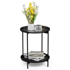 HAOYYE 2-Tier Metal Patio Side Table with Removable Trays Weather-Resistant Round Small Coffee Table for Garden Balcony Indoor Outdoor Use
