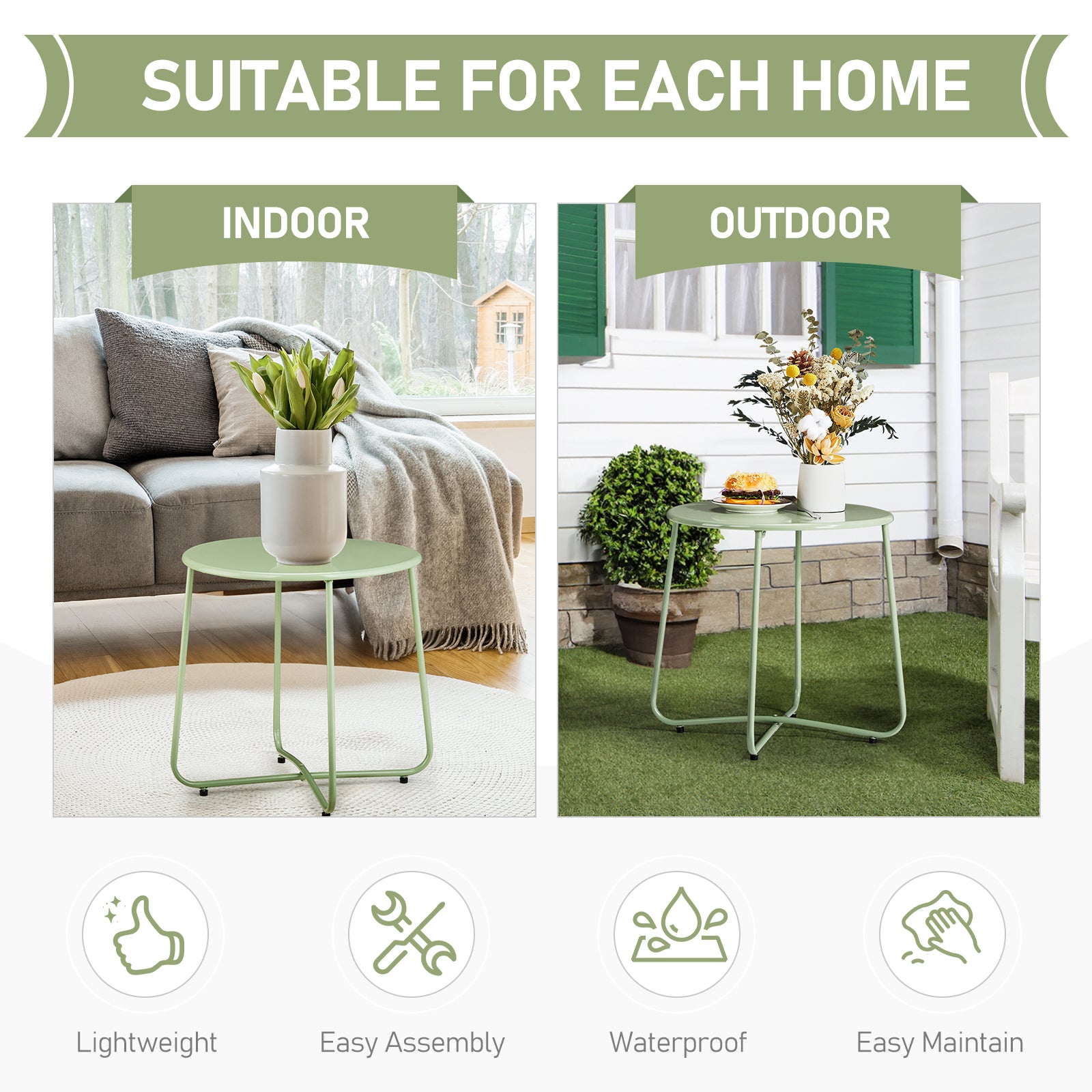 HAOYYE Patio Small Side Table Round Waterproof Metal Coffee Table Weather Resistant Outdoor End Table for Garden Balcony Porch Yard Living Room Durable Rustproof Accent Table for Indoor Outdoor Use Green