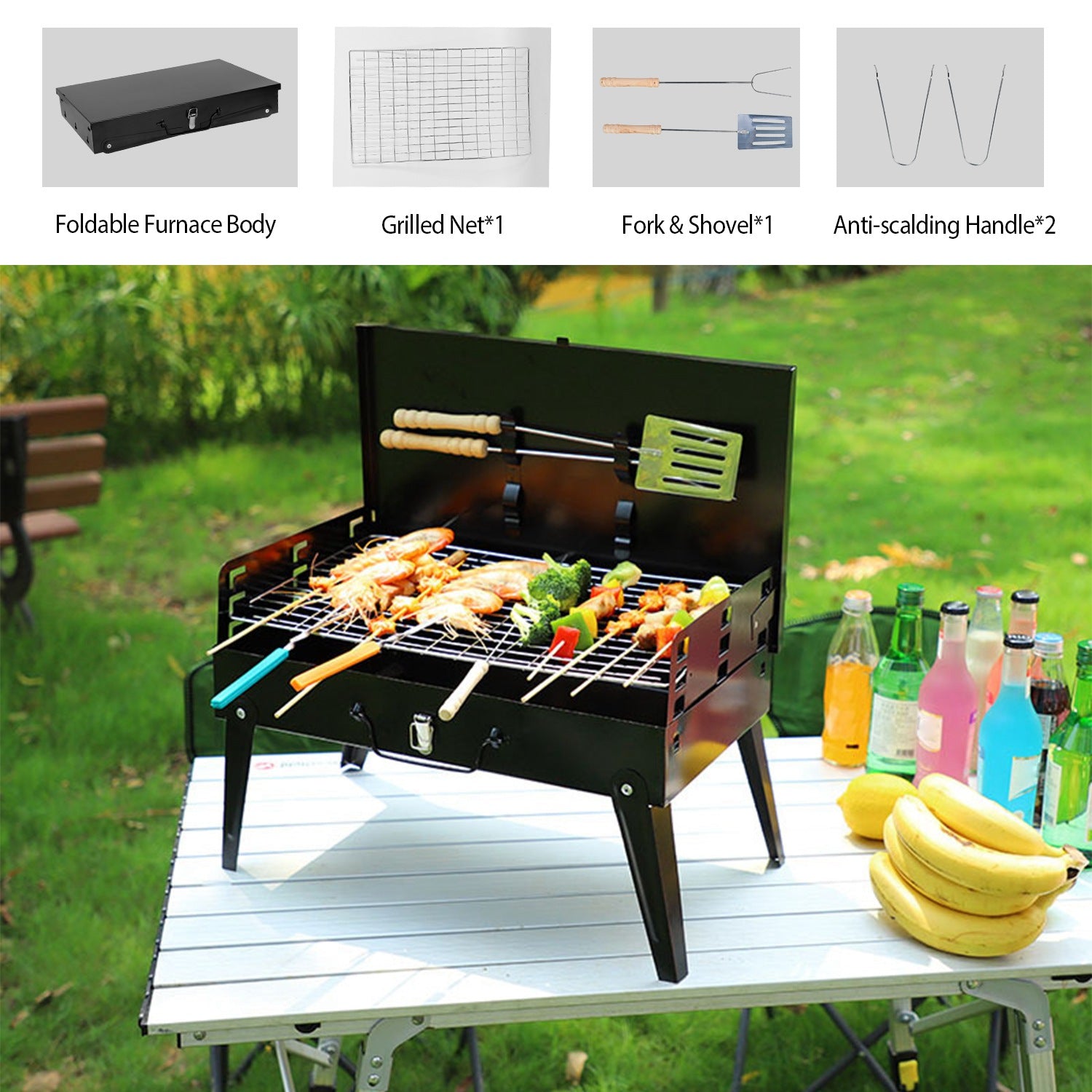 HAOYYE Portable Charcoal Grill Foldable BBQ Suitcase with Shelf for Outdoor Camping Picnics Garden Grilling Easy Setup Lightweight and Compact Design Perfect for Tailgates and Backyard Cookouts