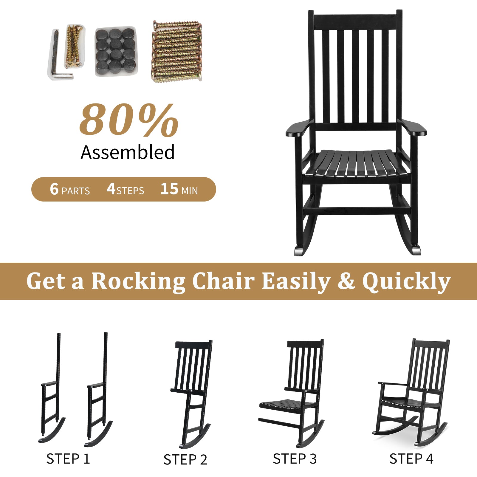 HAOYYE Outdoor Wood Rocking Chair, Wooden Patio Rocking Chair with Comfortable Backrest, Weatherproof Patio Rocker for Patio Garden Yard Balcony Poolside, Black