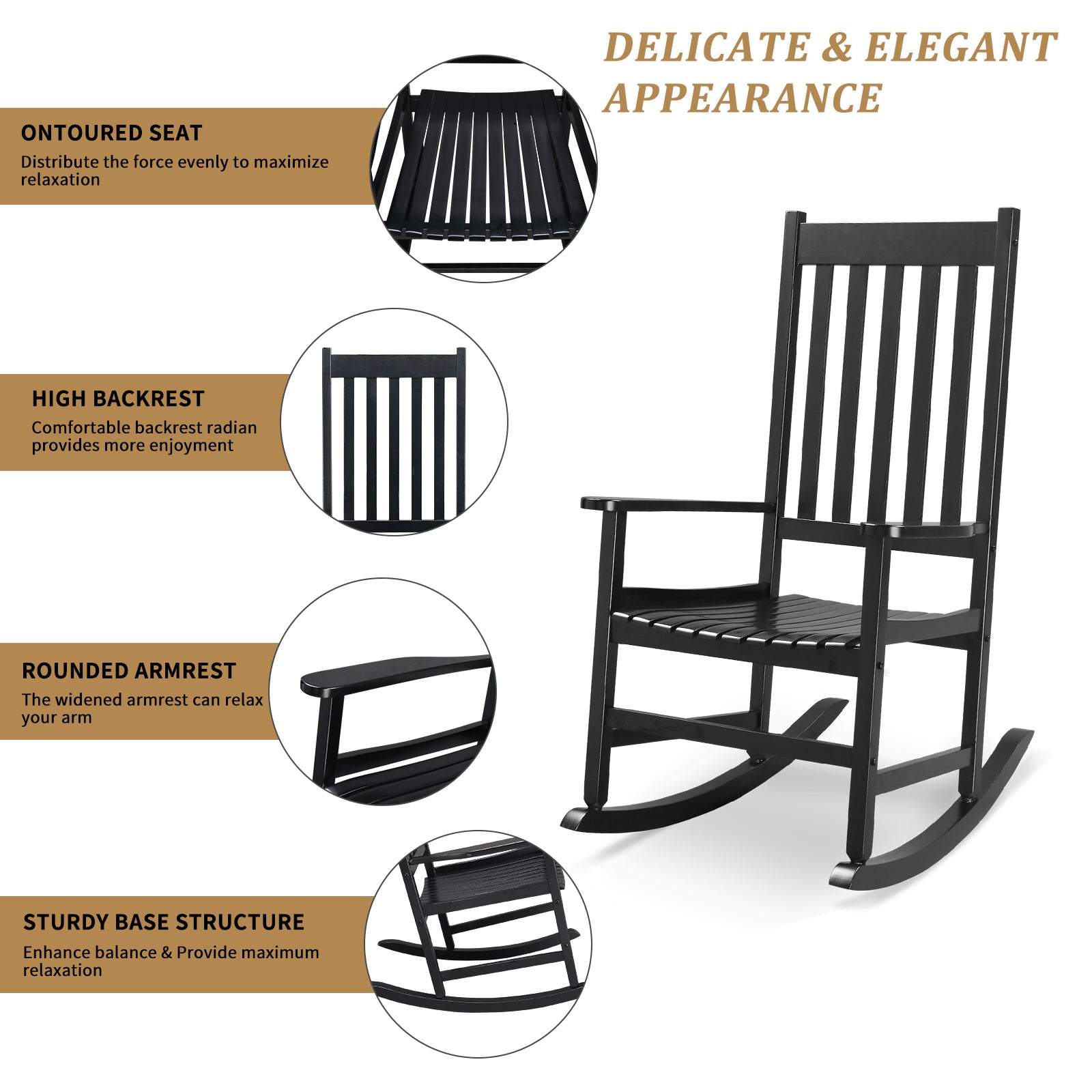 HAOYYE Outdoor Wood Rocking Chair, Wooden Patio Rocking Chair with Comfortable Backrest, Weatherproof Patio Rocker for Patio Garden Yard Balcony Poolside, Black