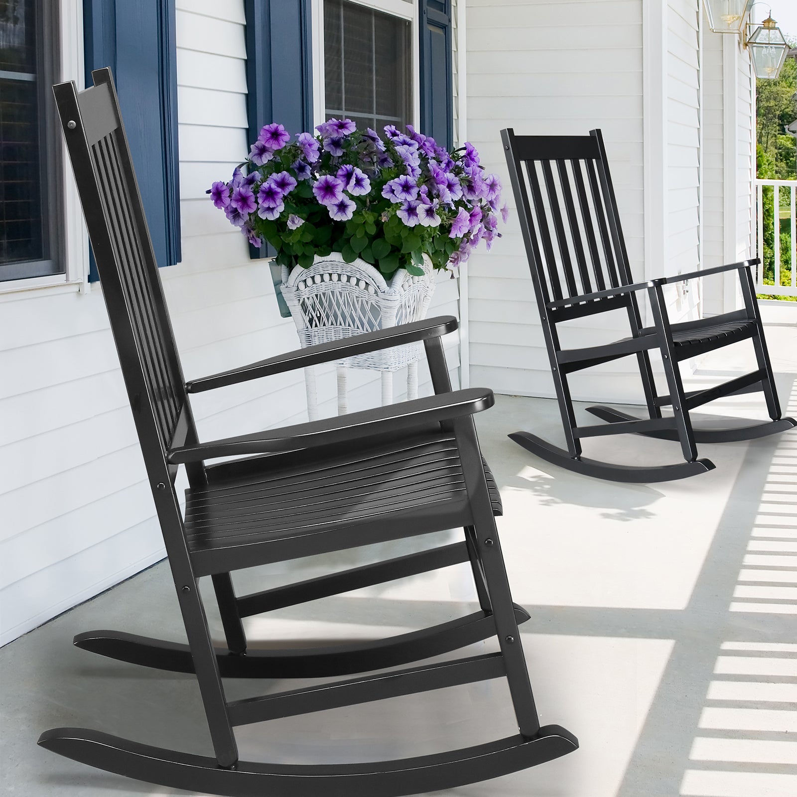 HAOYYE Outdoor Wood Rocking Chair, Wooden Patio Rocking Chair with Comfortable Backrest, Weatherproof Patio Rocker for Patio Garden Yard Balcony Poolside, Black