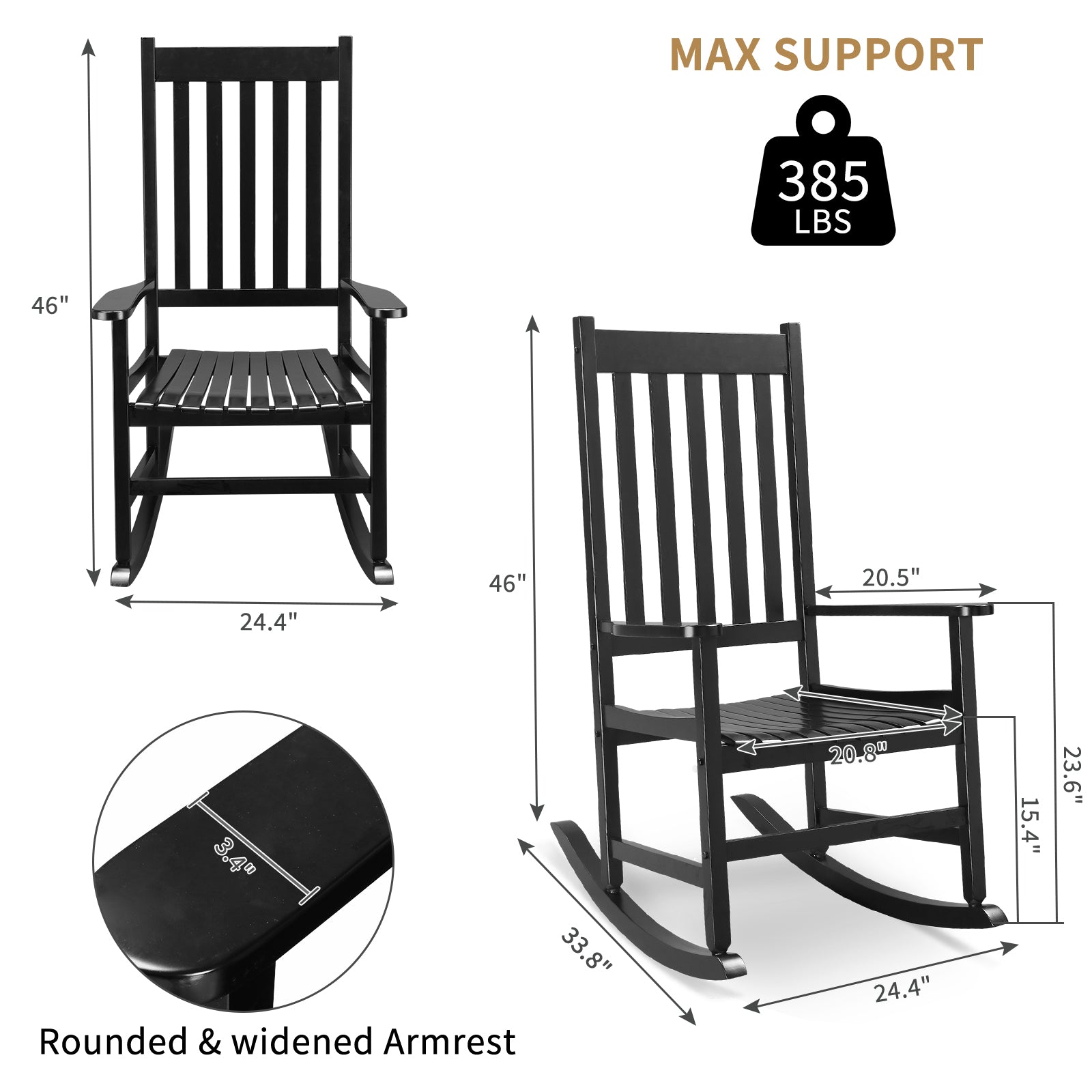 HAOYYE Outdoor Wood Rocking Chair, Wooden Patio Rocking Chair with Comfortable Backrest, Weatherproof Patio Rocker for Patio Garden Yard Balcony Poolside, Black