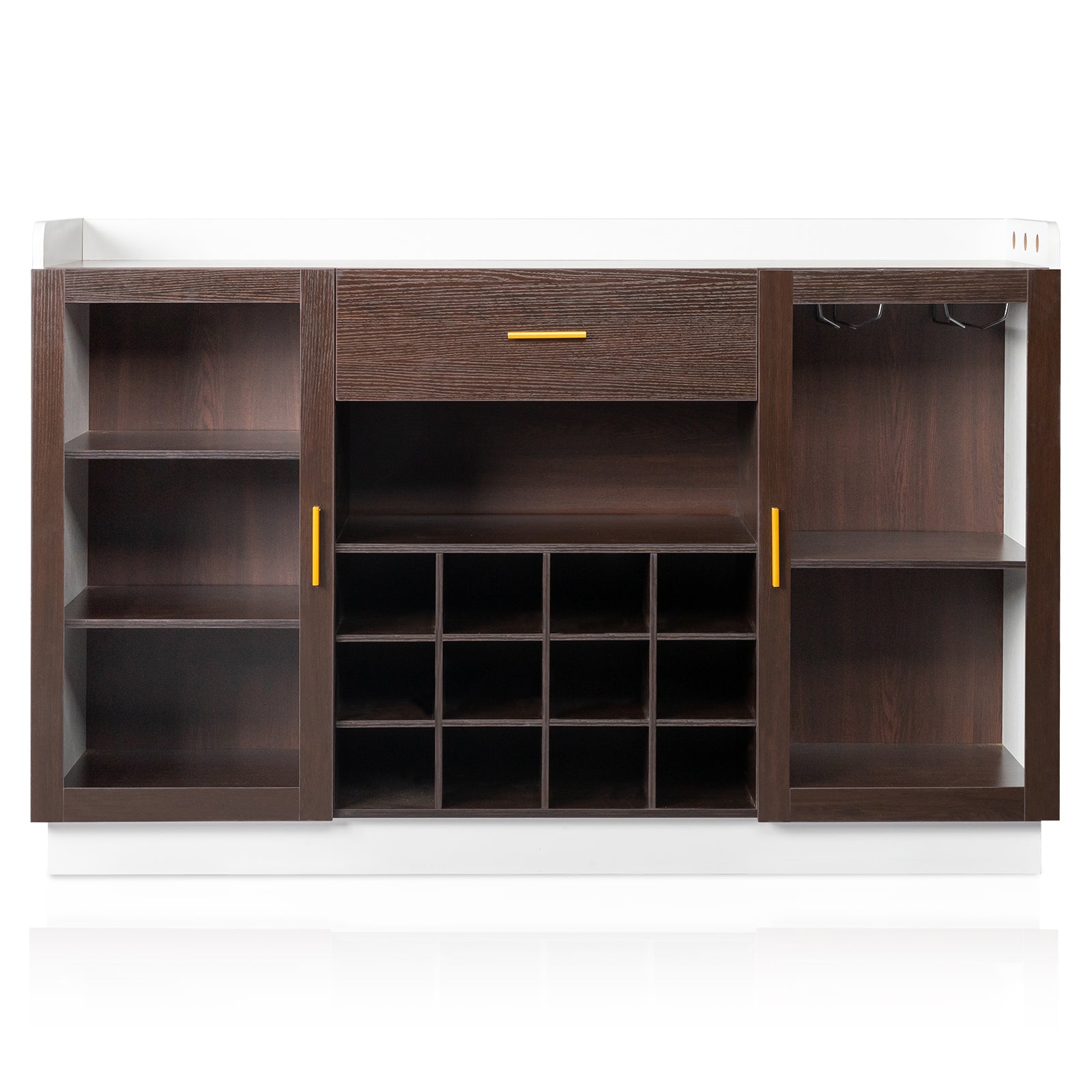 HAOYYE Double Glass Door Sideboard with Single Drawer and 12-Bottle Wine Rack, Elegant Black Frame and White-Brown Interior, Modern Particle Board and Glass Buffet Cabinet for Dining Room Storage and Wine Display