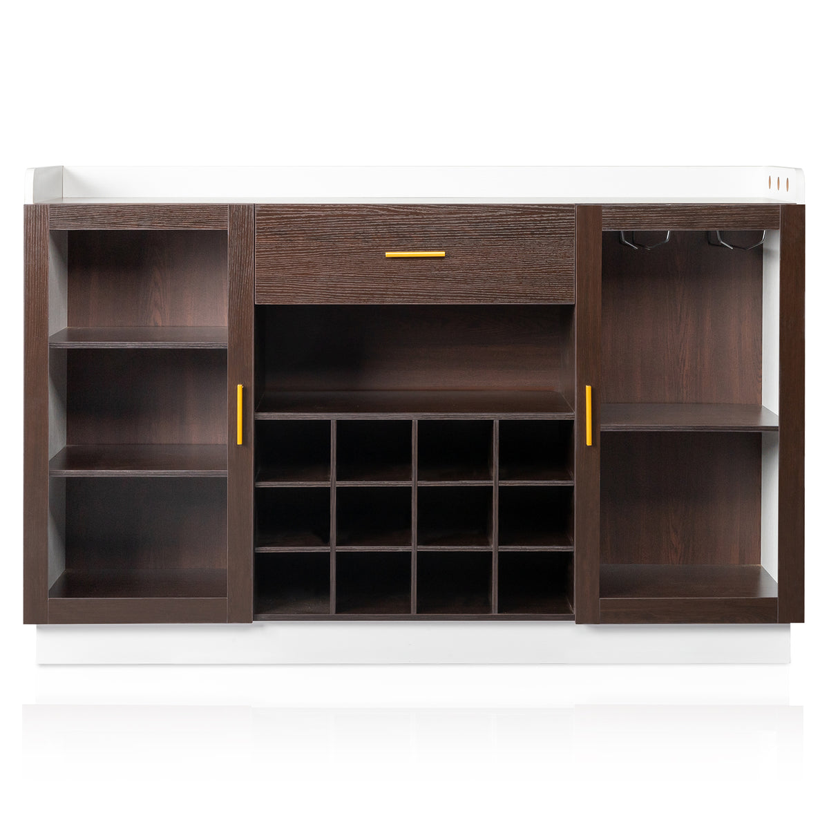 HAOYYE Double Glass Door Sideboard with Single Drawer and 12-Bottle Wine Rack, Elegant Black Frame and White-Brown Interior, Modern Particle Board and Glass Buffet Cabinet for Dining Room Storage and Wine Display