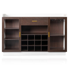 HAOYYE Double Glass Door Sideboard with Single Drawer and 12-Bottle Wine Rack, Elegant Black Frame and White-Brown Interior, Modern Particle Board and Glass Buffet Cabinet for Dining Room Storage and Wine Display
