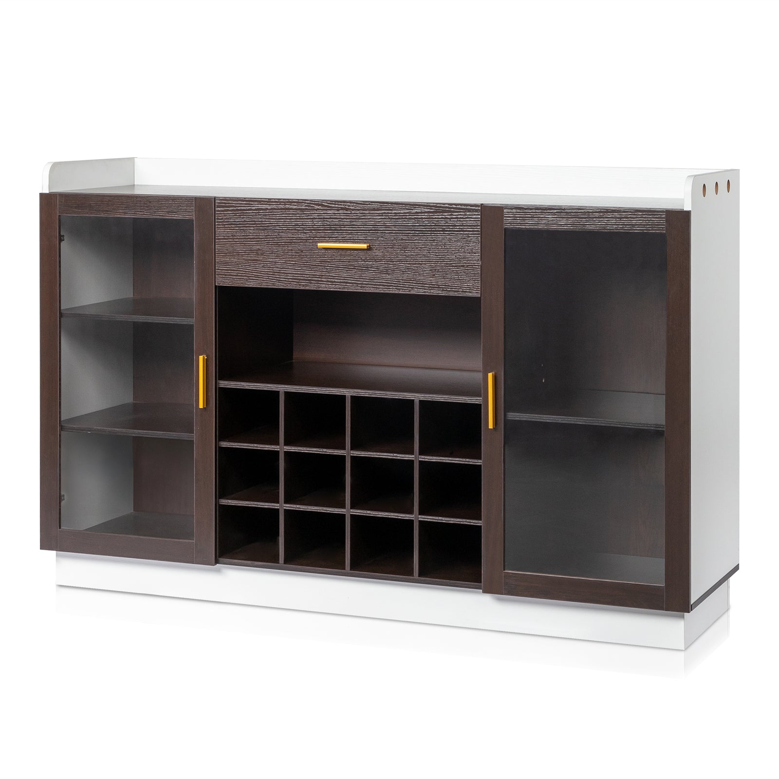 HAOYYE Double Glass Door Sideboard with Single Drawer and 12-Bottle Wine Rack, Elegant Black Frame and White-Brown Interior, Modern Particle Board and Glass Buffet Cabinet for Dining Room Storage and Wine Display