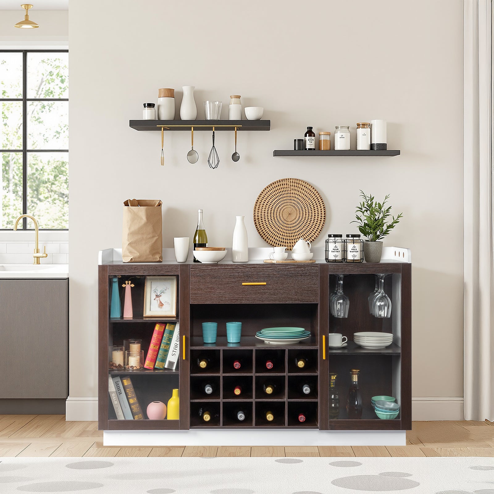 HAOYYE Double Glass Door Sideboard with Single Drawer and 12-Bottle Wine Rack, Elegant Black Frame and White-Brown Interior, Modern Particle Board and Glass Buffet Cabinet for Dining Room Storage and Wine Display