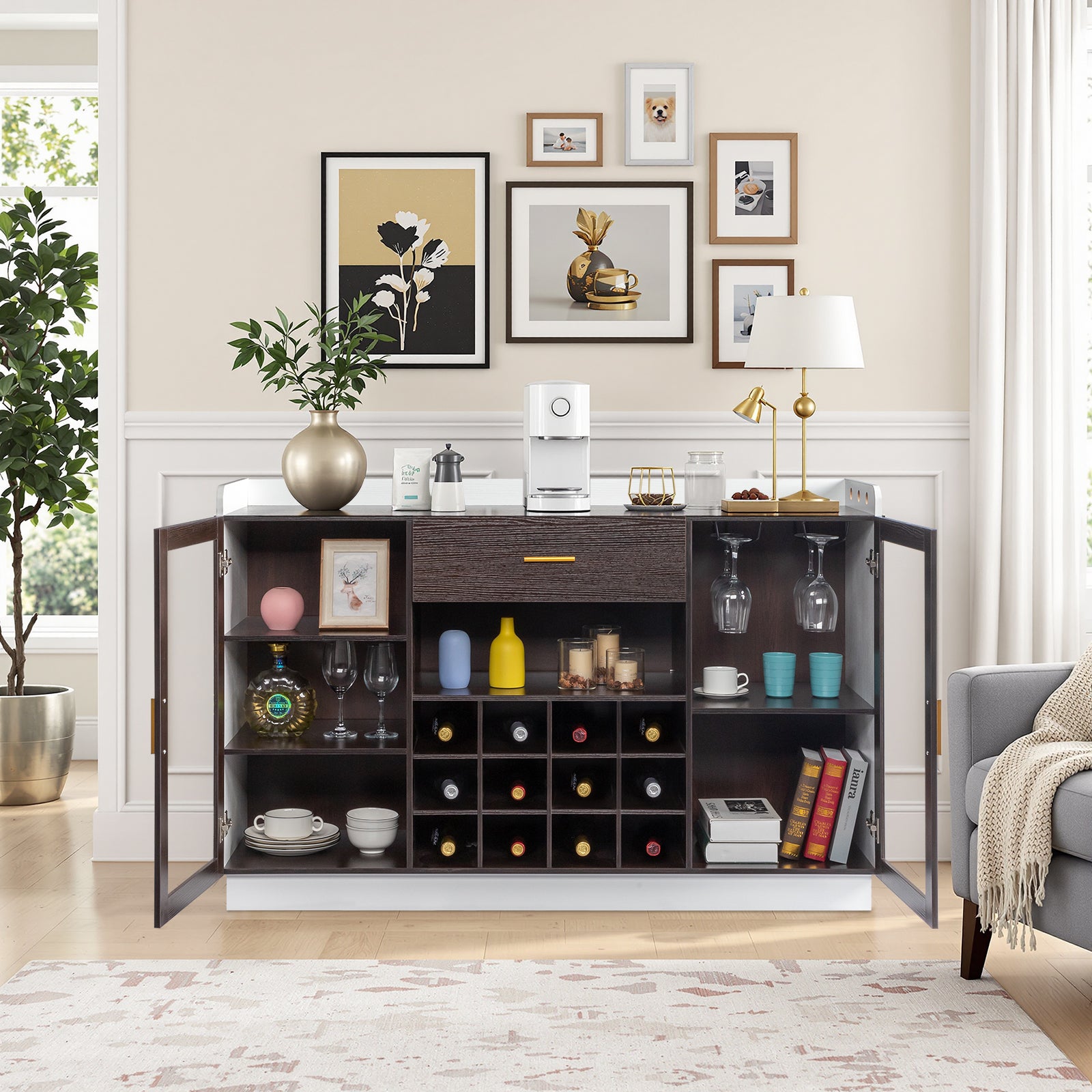 HAOYYE Double Glass Door Sideboard with Single Drawer and 12-Bottle Wine Rack, Elegant Black Frame and White-Brown Interior, Modern Particle Board and Glass Buffet Cabinet for Dining Room Storage and Wine Display
