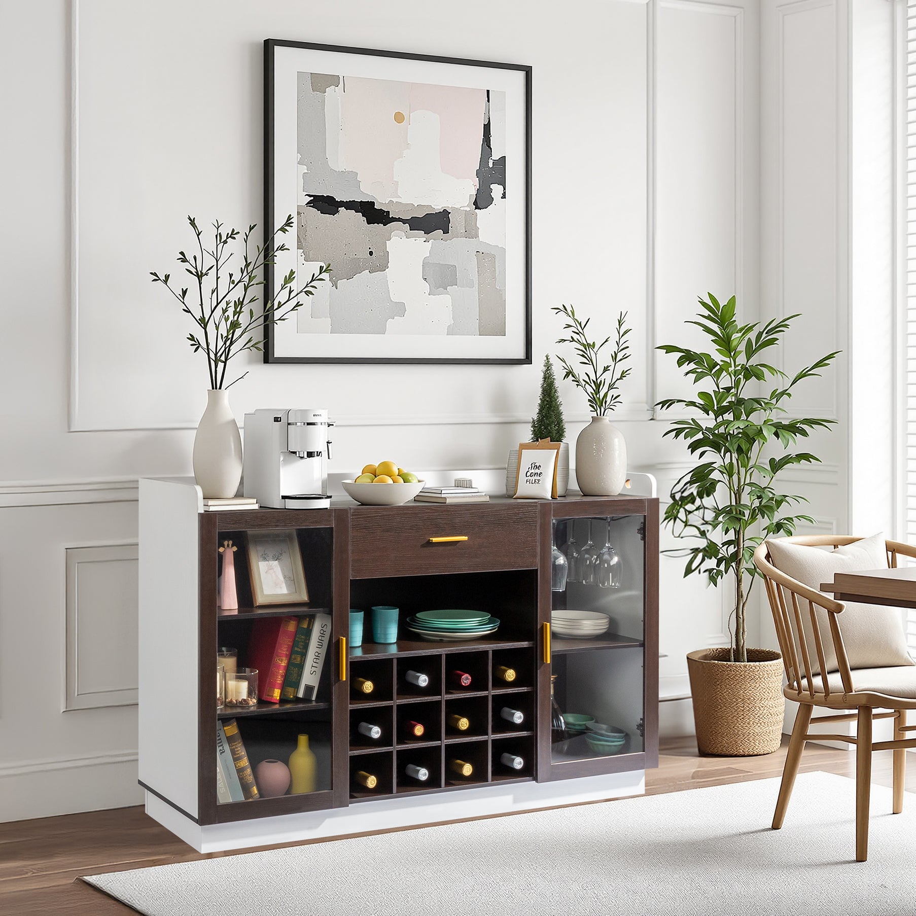 HAOYYE Double Glass Door Sideboard with Single Drawer and 12-Bottle Wine Rack, Elegant Black Frame and White-Brown Interior, Modern Particle Board and Glass Buffet Cabinet for Dining Room Storage and Wine Display