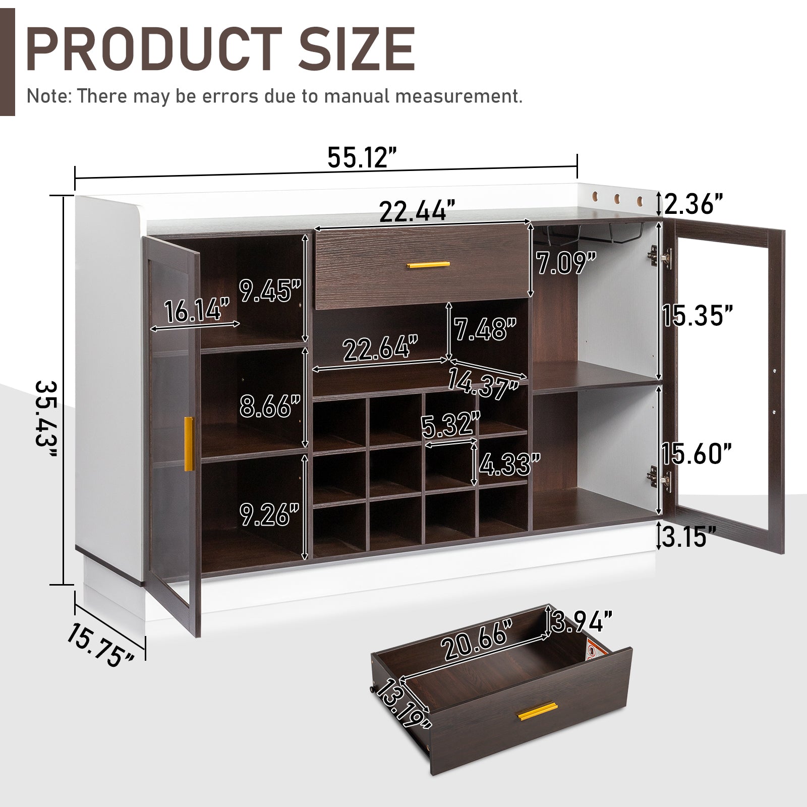 HAOYYE Double Glass Door Sideboard with Single Drawer and 12-Bottle Wine Rack, Elegant Black Frame and White-Brown Interior, Modern Particle Board and Glass Buffet Cabinet for Dining Room Storage and Wine Display
