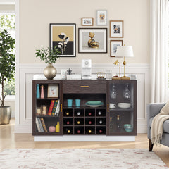 HAOYYE Double Glass Door Sideboard with Single Drawer and 12-Bottle Wine Rack, Elegant Black Frame and White-Brown Interior, Modern Particle Board and Glass Buffet Cabinet for Dining Room Storage and Wine Display
