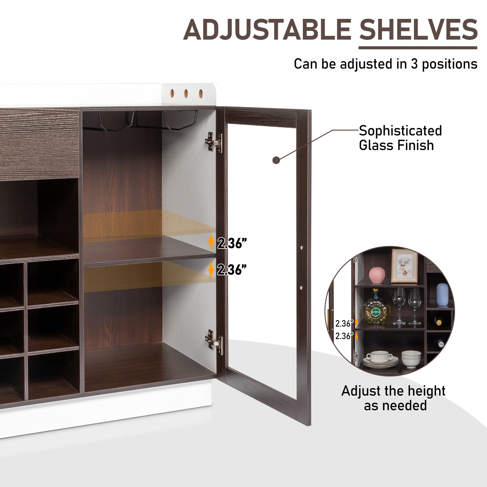 HAOYYE Double Glass Door Sideboard with Single Drawer and 12-Bottle Wine Rack, Elegant Black Frame and White-Brown Interior, Modern Particle Board and Glass Buffet Cabinet for Dining Room Storage and Wine Display