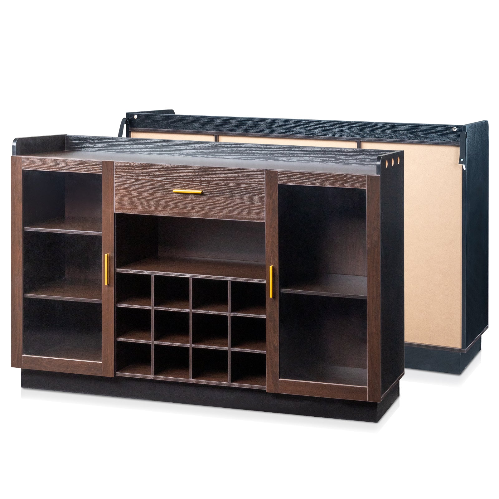 HAOYYE Double Glass Door Sideboard with Single Drawer and 12-Bottle Wine Rack, Elegant Black Frame with Gray-Brown Interior Panels, Durable Particle Board and Glass Construction, Stylish Storage Cabinet for Dining Room or Living Room