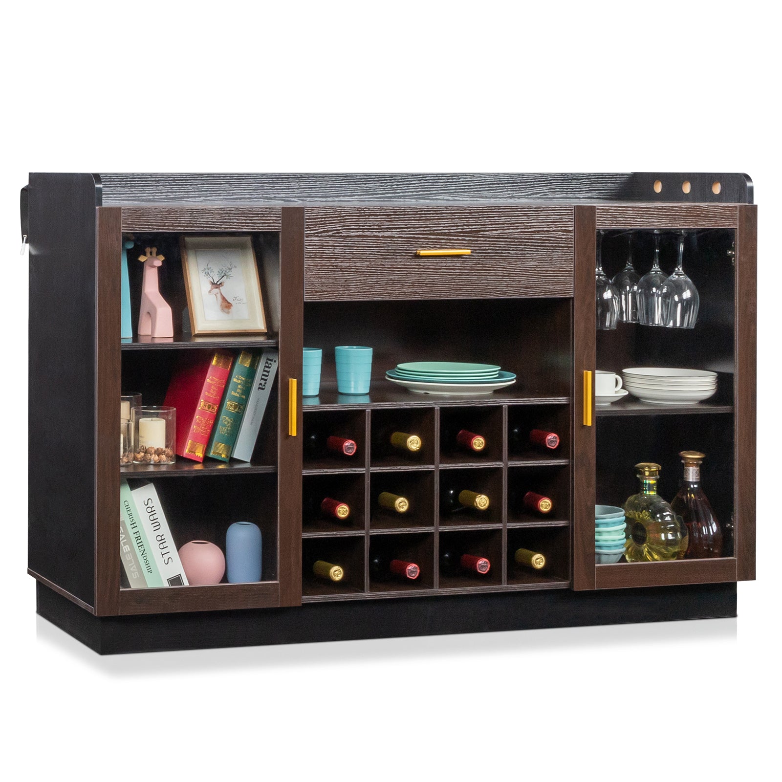 HAOYYE Double Glass Door Sideboard with Single Drawer and 12-Bottle Wine Rack, Elegant Black Frame with Gray-Brown Interior Panels, Durable Particle Board and Glass Construction, Stylish Storage Cabinet for Dining Room or Living Room