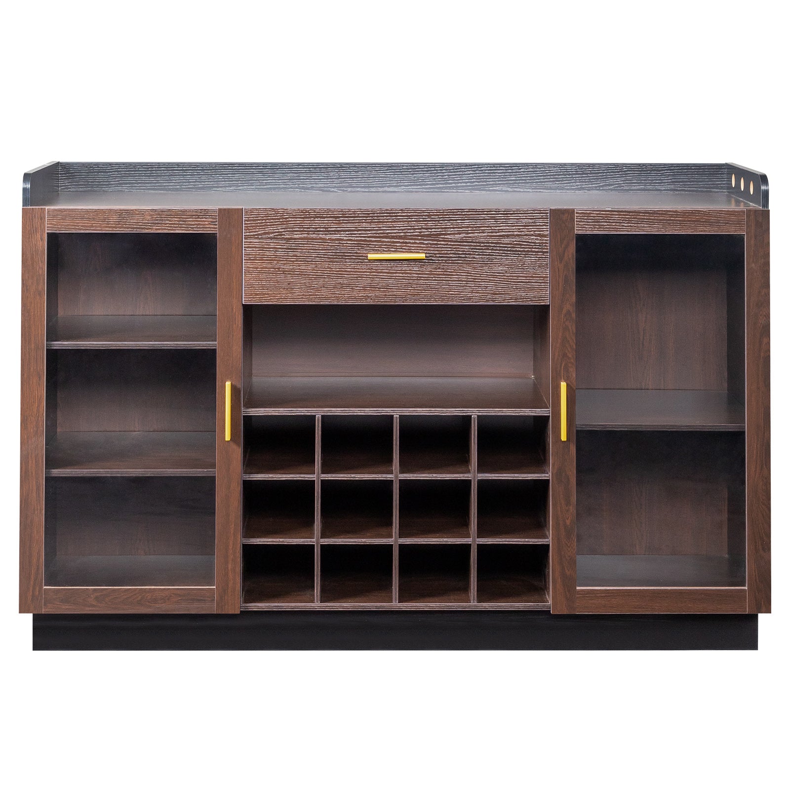HAOYYE Double Glass Door Sideboard with Single Drawer and 12-Bottle Wine Rack, Elegant Black Frame with Gray-Brown Interior Panels, Durable Particle Board and Glass Construction, Stylish Storage Cabinet for Dining Room or Living Room