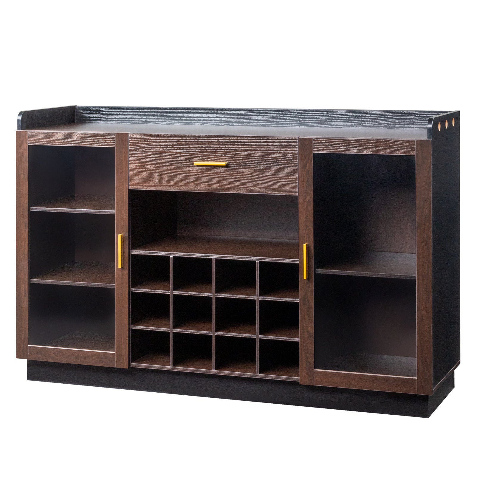 HAOYYE Double Glass Door Sideboard with Single Drawer and 12-Bottle Wine Rack, Elegant Black Frame with Gray-Brown Interior Panels, Durable Particle Board and Glass Construction, Stylish Storage Cabinet for Dining Room or Living Room