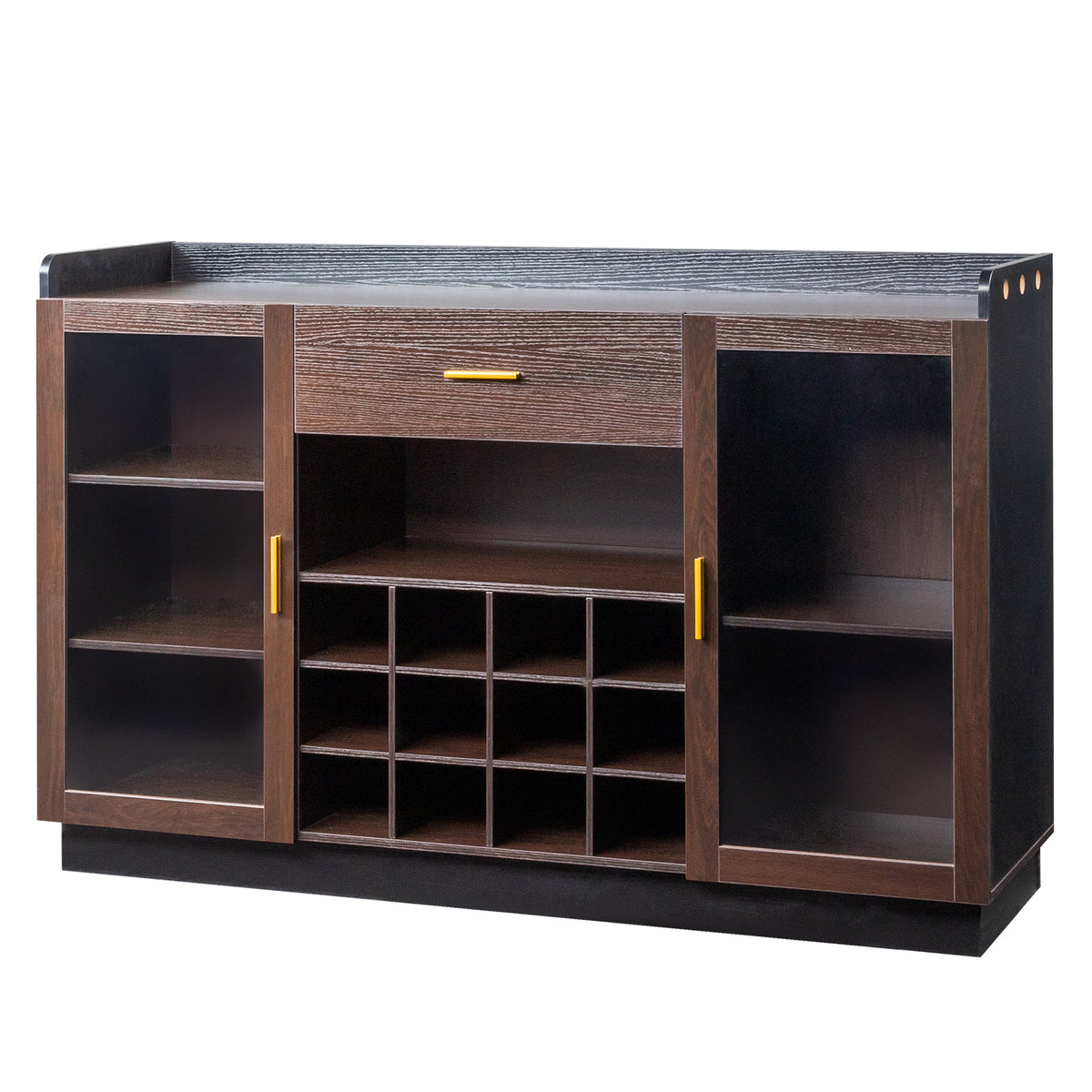 HAOYYE Double Glass Door Sideboard with Single Drawer and 12-Bottle Wine Rack, Elegant Black Frame with Gray-Brown Interior Panels, Durable Particle Board and Glass Construction, Stylish Storage Cabinet for Dining Room or Living Room