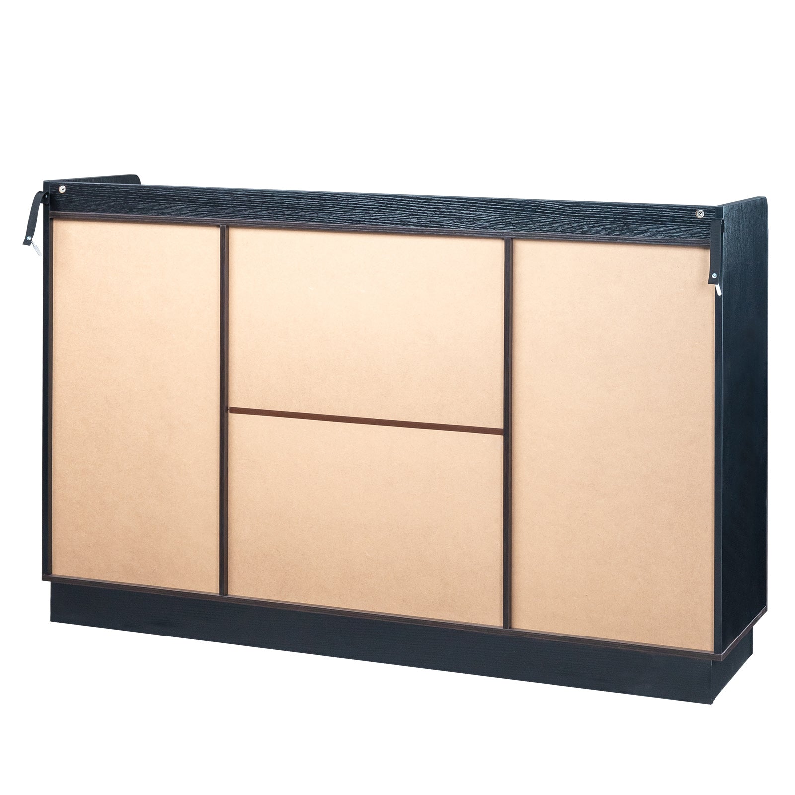 HAOYYE Double Glass Door Sideboard with Single Drawer and 12-Bottle Wine Rack, Elegant Black Frame with Gray-Brown Interior Panels, Durable Particle Board and Glass Construction, Stylish Storage Cabinet for Dining Room or Living Room