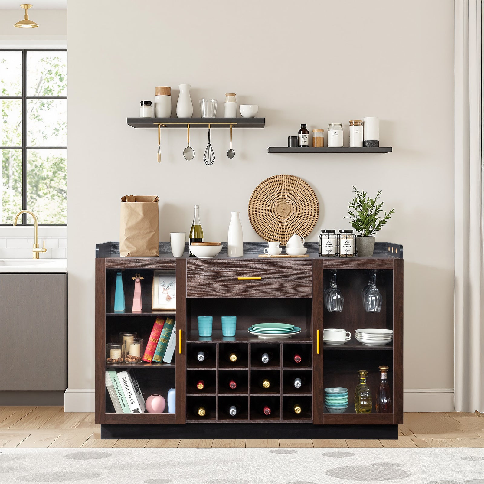 HAOYYE Double Glass Door Sideboard with Single Drawer and 12-Bottle Wine Rack, Elegant Black Frame with Gray-Brown Interior Panels, Durable Particle Board and Glass Construction, Stylish Storage Cabinet for Dining Room or Living Room