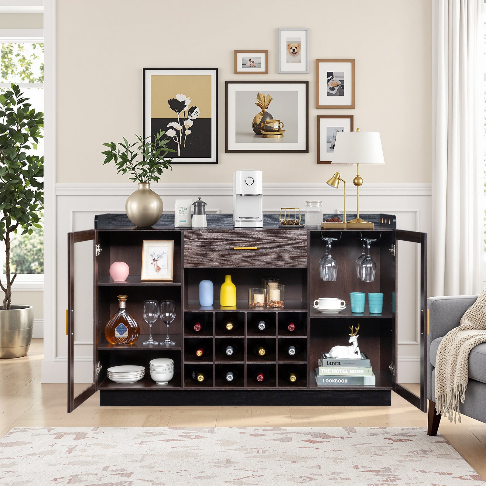 HAOYYE Double Glass Door Sideboard with Single Drawer and 12-Bottle Wine Rack, Elegant Black Frame with Gray-Brown Interior Panels, Durable Particle Board and Glass Construction, Stylish Storage Cabinet for Dining Room or Living Room