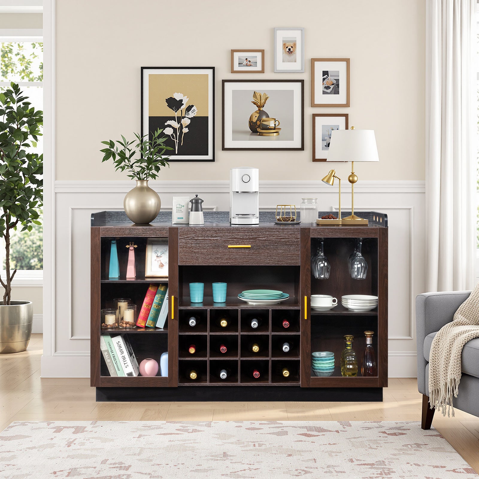 HAOYYE Double Glass Door Sideboard with Single Drawer and 12-Bottle Wine Rack, Elegant Black Frame with Gray-Brown Interior Panels, Durable Particle Board and Glass Construction, Stylish Storage Cabinet for Dining Room or Living Room